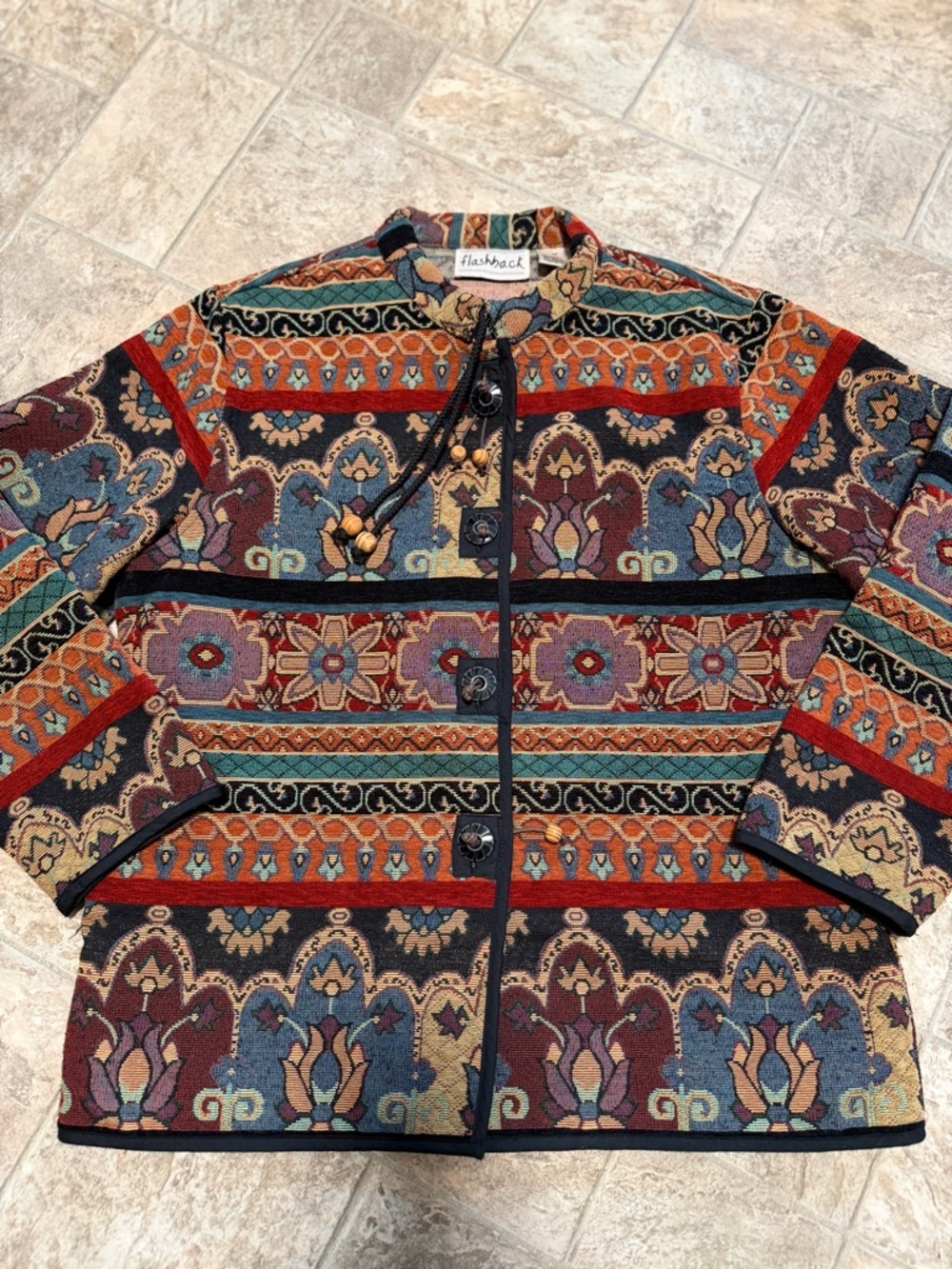 Flashback Vintage Multicolor Patterned Tapestry Artsy Buttonfront Jacket-Size M